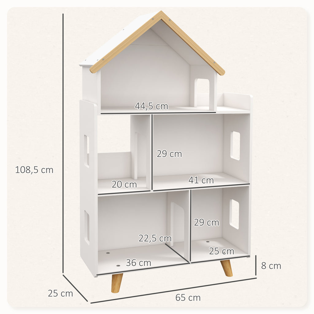 Étagère de Rangement Enfant Forme de Maison, 3 Niveaux, 65x25x108,5 cm - Blanc et Naturel | Magi Jouets