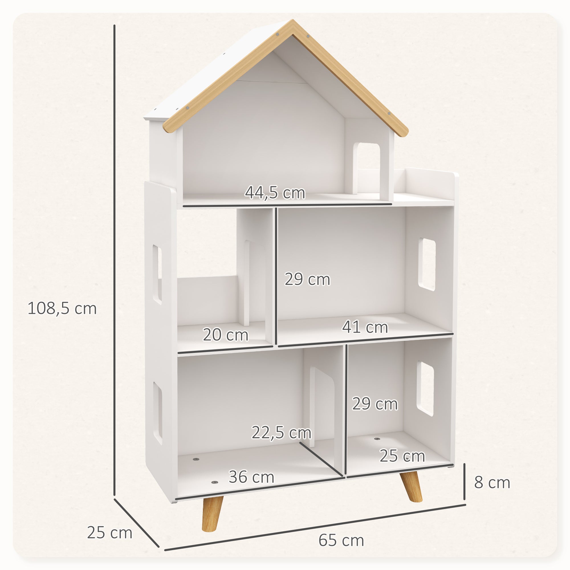 Étagère de Rangement Enfant Forme de Maison, 3 Niveaux, 65x25x108,5 cm - Blanc et Naturel | Magi Jouets