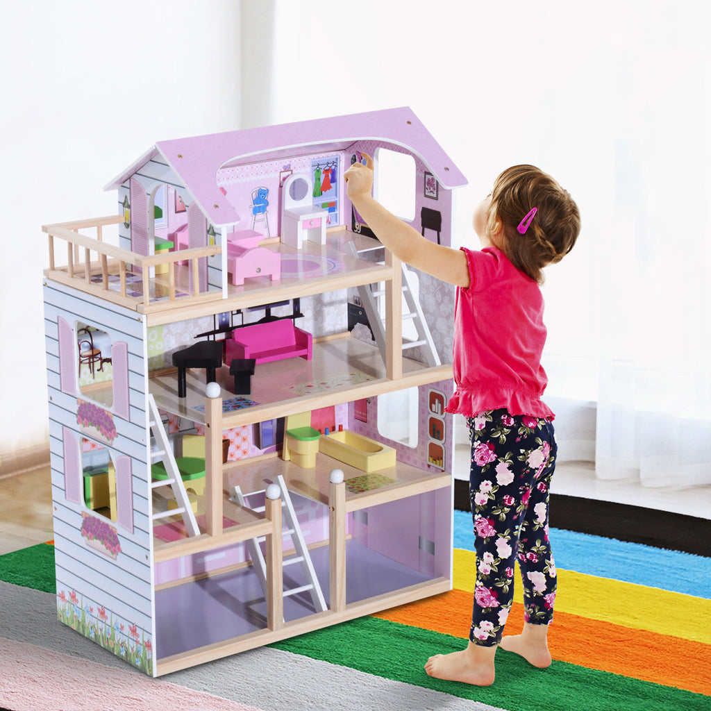 Maison de Poupée en Bois 4 Étages avec 13 Accessoires, 3+ Ans, 60x30x80 cm - Blanc et Rose | Magi Jouets