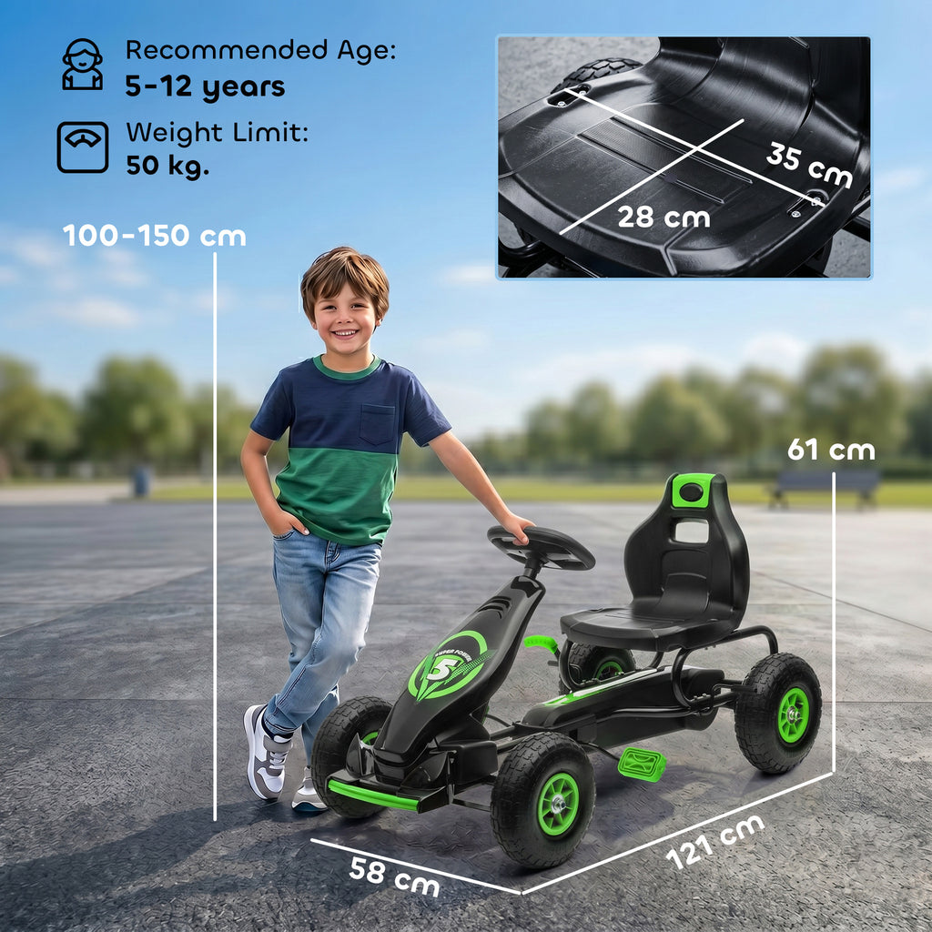 Kart à Pédales Enfant Siège Réglable 3 Positions, Frein à Main, 5-12 Ans - Vert/Noir | Magi Jouets