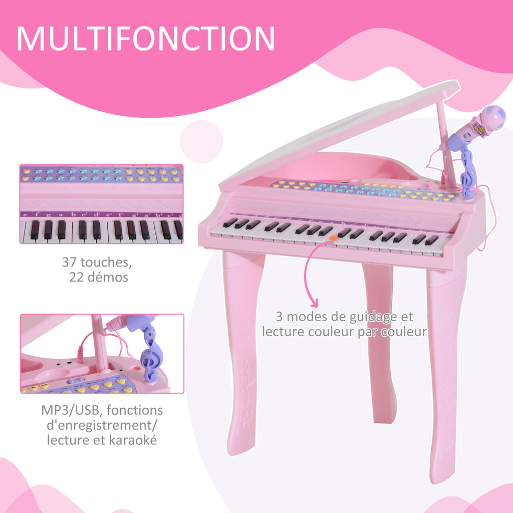 Piano à Queue Électronique Enfant 37 Touches avec Micro et Haut-Parleur - Rose | Magi Jouets