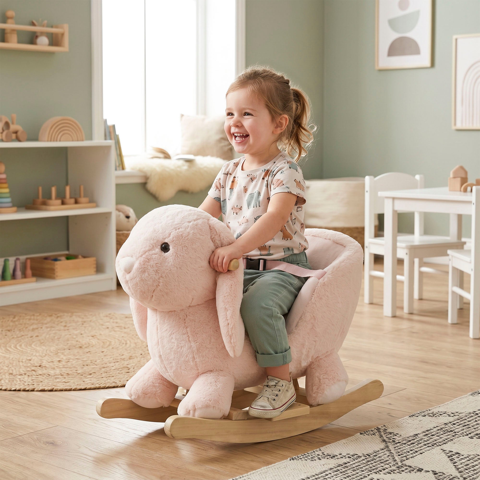 Jouet à Bascule Lapin avec Ceinture de Sécurité et Son, 18-36 Mois - Rose | Magi Jouets