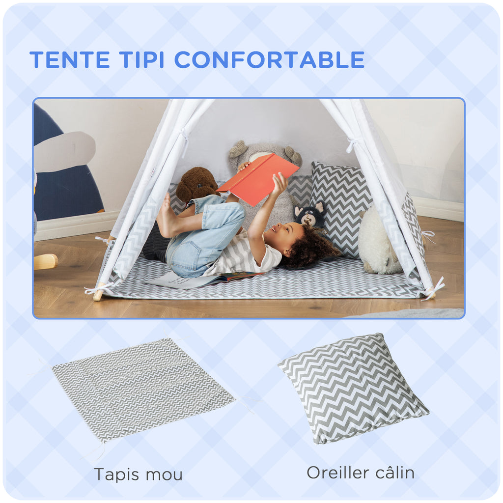 Tente Tipi Indien pour Enfant avec Tapis, Coussin et Sac de Transport, 1,2x1,2x1,55 m - Gris/Blanc | Magi Jouets