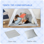 Tente Tipi Indien pour Enfant avec Tapis, Coussin et Sac de Transport, 1,2x1,2x1,55 m - Gris/Blanc | Magi Jouets