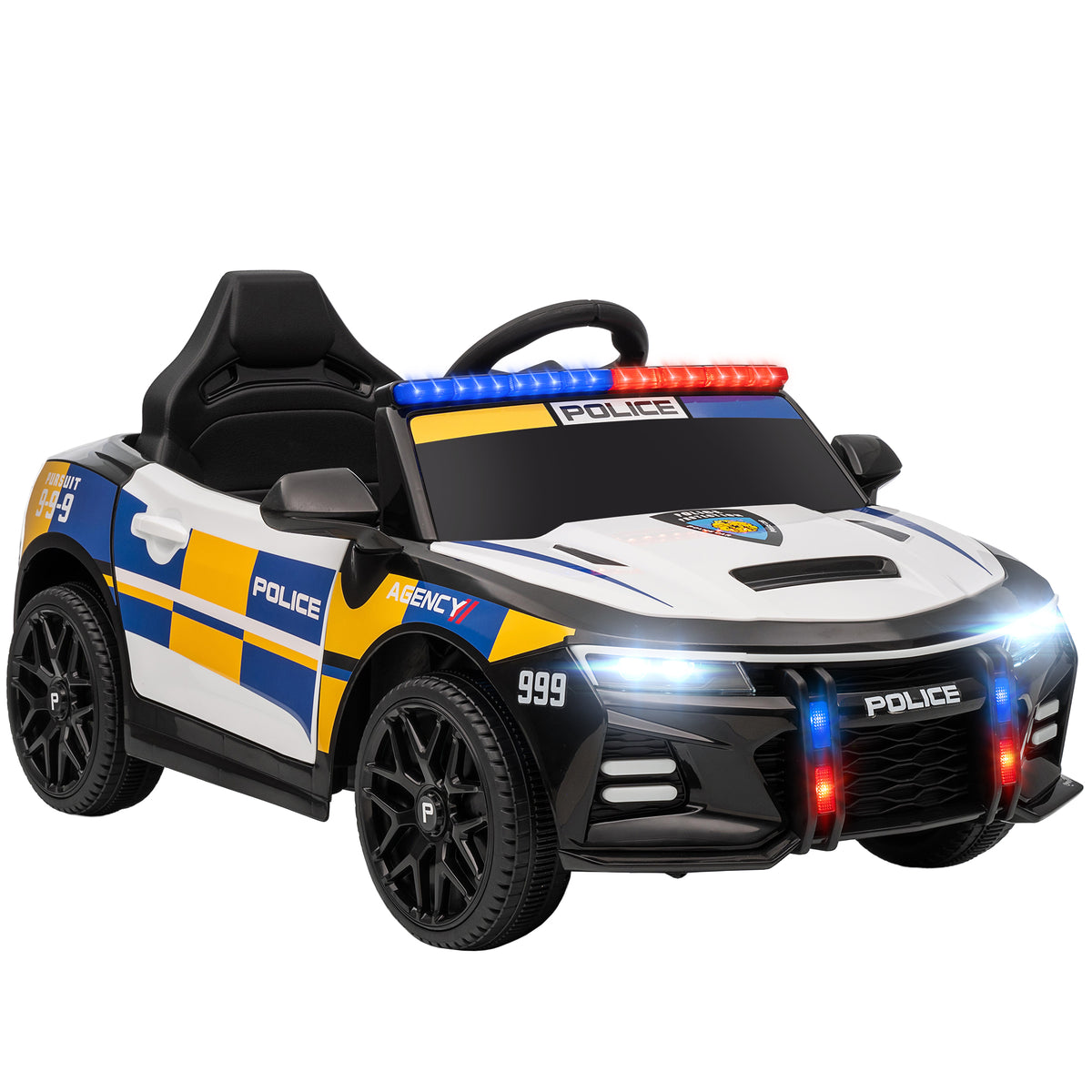 Voiture électrique de police enfant 12V, double moteur, télécommande, USB, MP3, musique & klaxon, multicolore