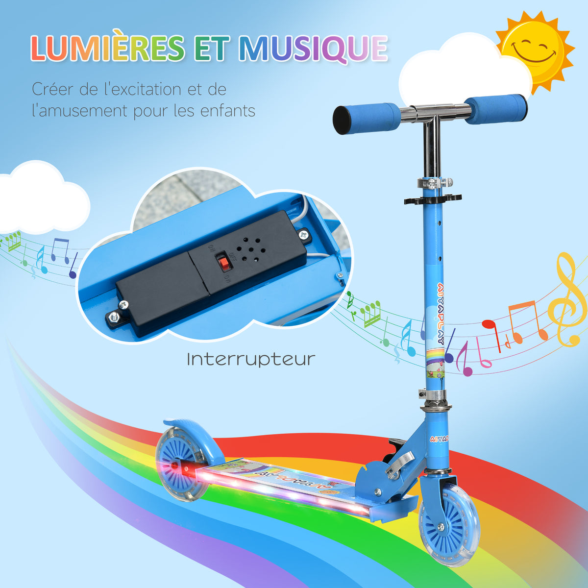 Trottinette pour enfants de 3 à 7 ans pliable roues lumineuses en PU musique 67 x 32 x 78 cm bleu