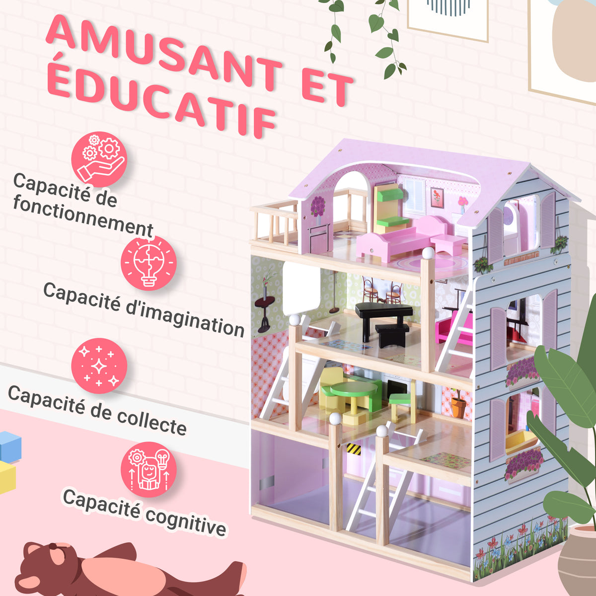 Maison de Poupée en Bois 4 Étages avec 13 Accessoires, 3+ Ans, 60x30x80 cm - Blanc et Rose | Magi Jouets