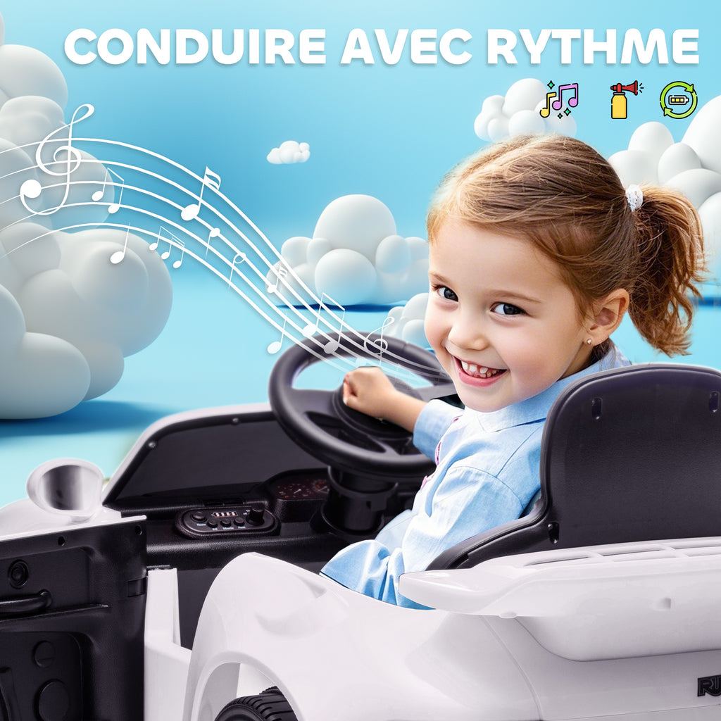 Voiture électrique enfants, véhicule électrique 12V, télécommande 2,4G, phares, musique, klaxon, 103 x 55 x 44 cm, blanc