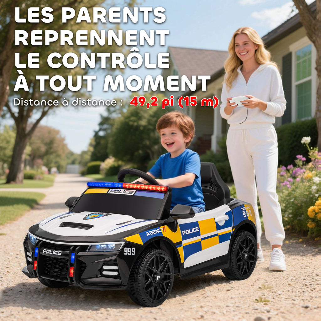 Voiture électrique de police enfant 12V, double moteur, télécommande, USB, MP3, musique & klaxon, multicolore