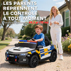 Voiture électrique de police enfant 12V, double moteur, télécommande, USB, MP3, musique & klaxon, multicolore