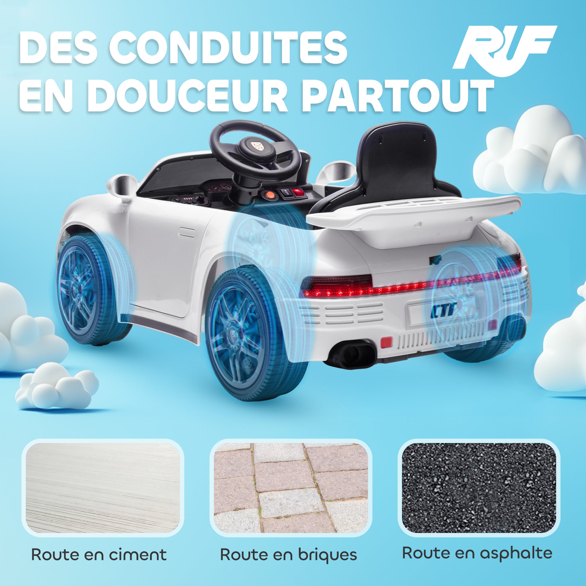Voiture électrique enfants, véhicule électrique 12V, télécommande 2,4G, phares, musique, klaxon, 103 x 55 x 44 cm, blanc