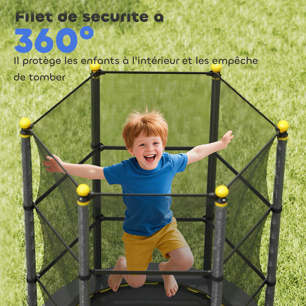 Trampoline Enfant Ø 1,40 × 1,90H m Filet de sécurité Porte zipée Couvre-Ressorts 6 poteaux rembourrés Inclus Noir