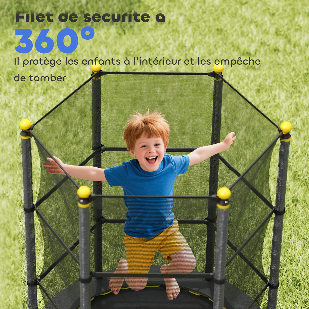 Trampoline Enfant Ø 1,40 × 1,90H m Filet de sécurité Porte zipée Couvre-Ressorts 6 poteaux rembourrés Inclus Noir