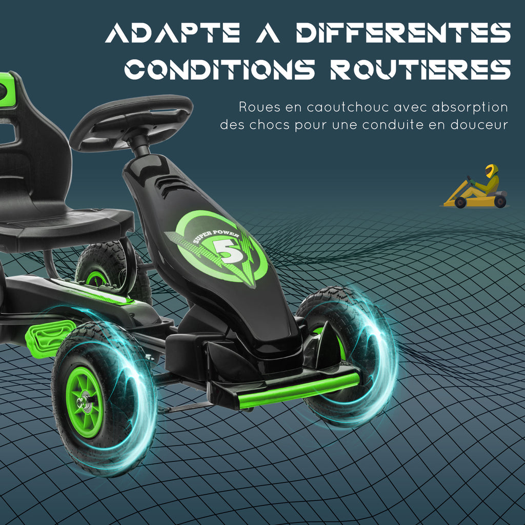 Kart à Pédales Enfant Siège Réglable 3 Positions, Frein à Main, 5-12 Ans - Vert/Noir | Magi Jouets