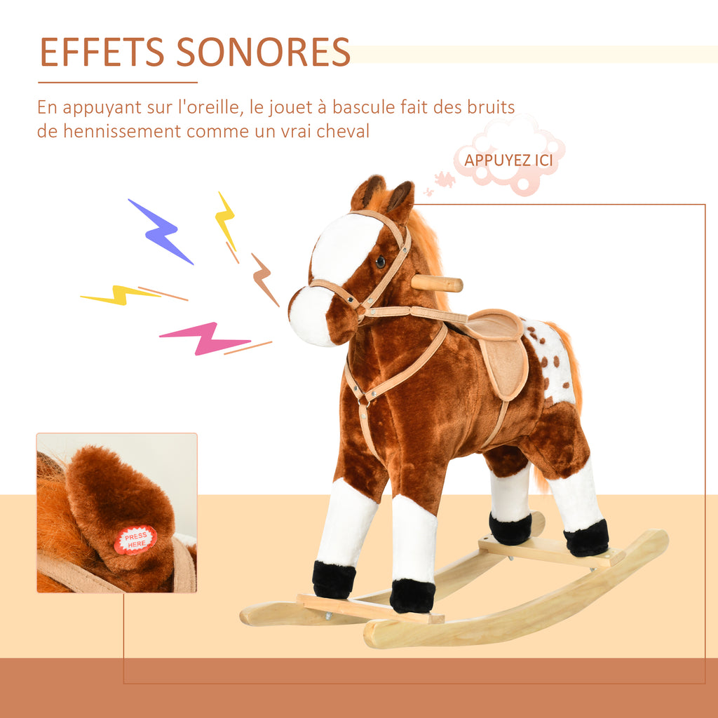 Cheval à Bascule Peluche avec Effets Sonores, Selle et Rênes, 3-6 Ans - Marron/Blanc | Magi Jouets
