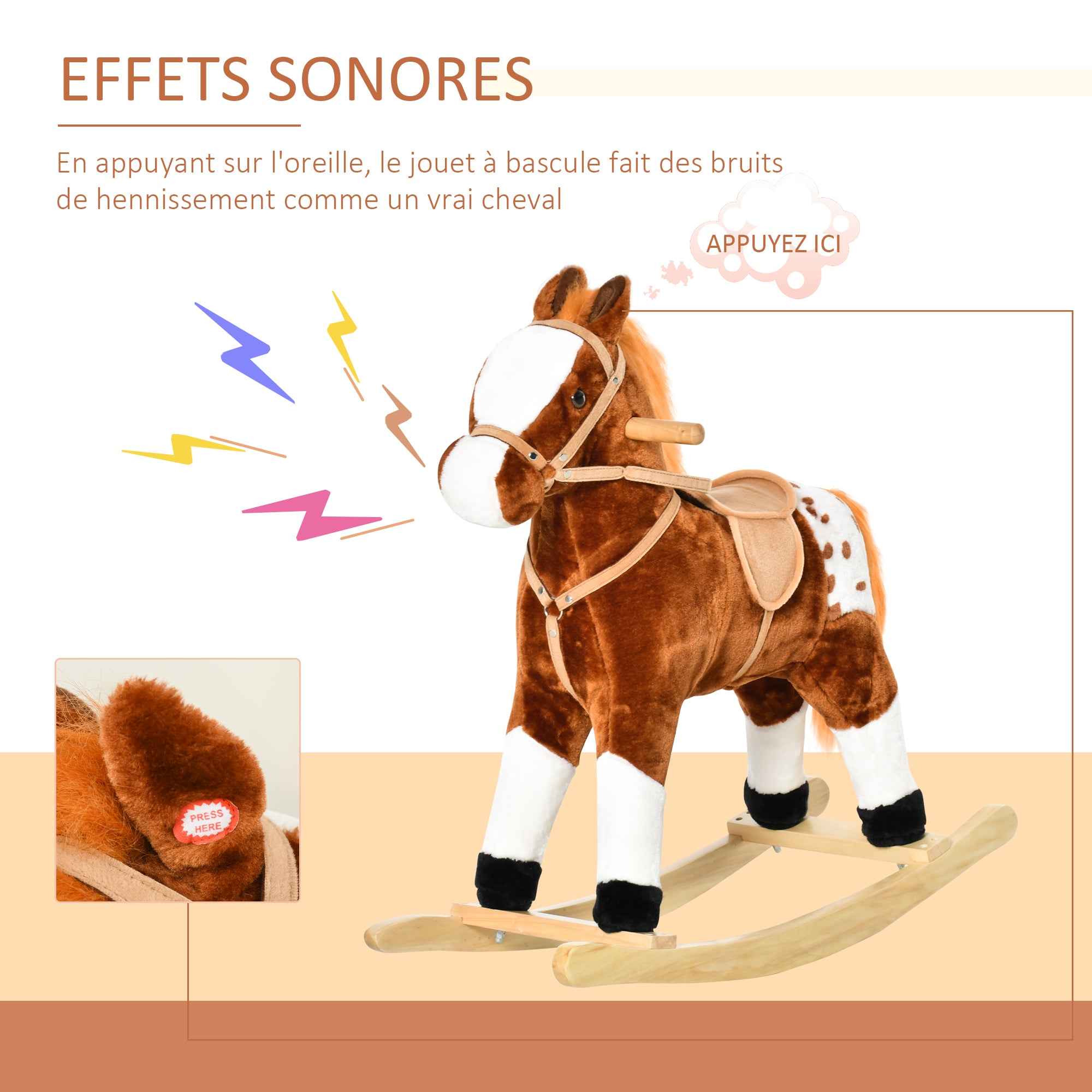 Cheval à Bascule Peluche avec Effets Sonores, Selle et Rênes, 3-6 Ans - Marron/Blanc | Magi Jouets