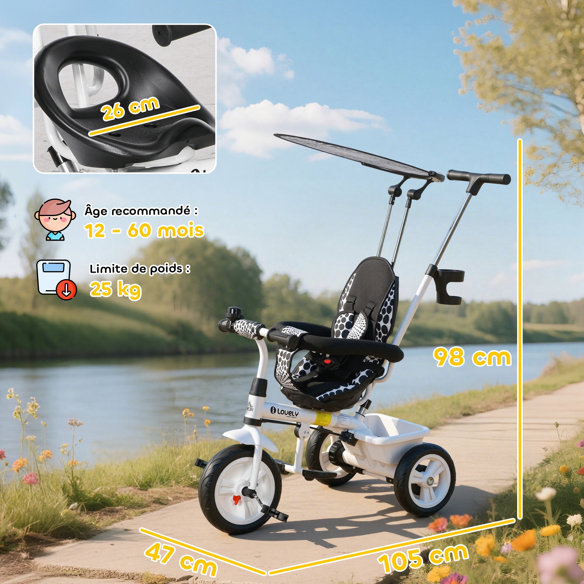 Tricycle Enfant Évolutif Pare-Soleil Pliable avec Canne Amovible et Benne, 105x47x98 cm - Blanc/Noir | Magi Jouets