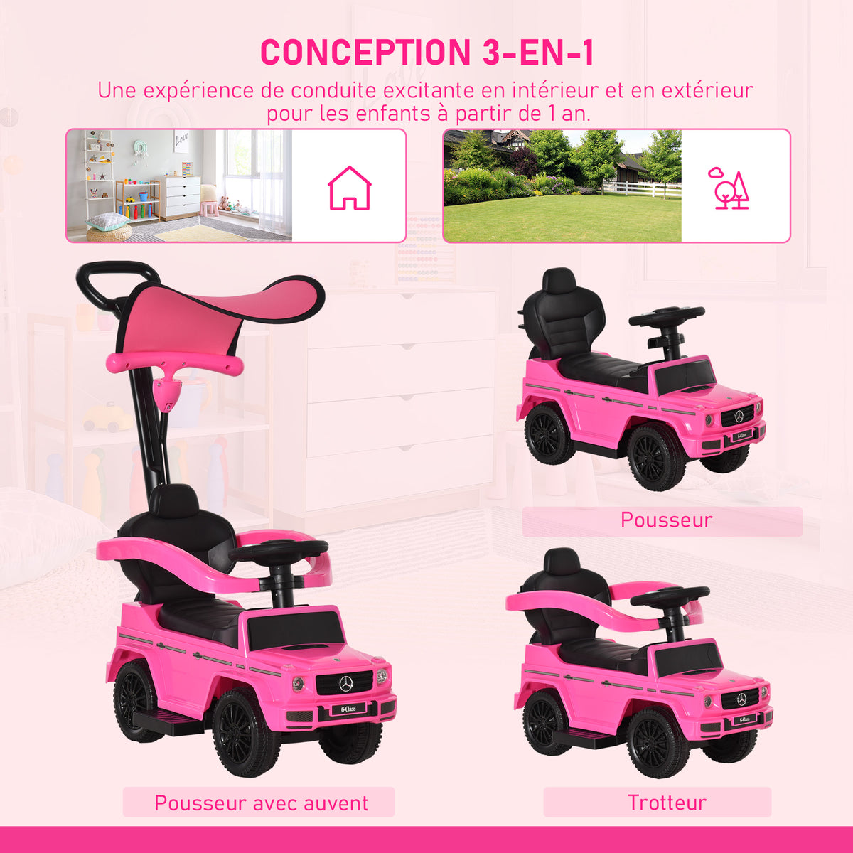 Porteur Enfants Voiture Enfant Multi-équipée 12-36 Mois klaxon Marche-Pieds, Garde-Corps et ombrelle Rose