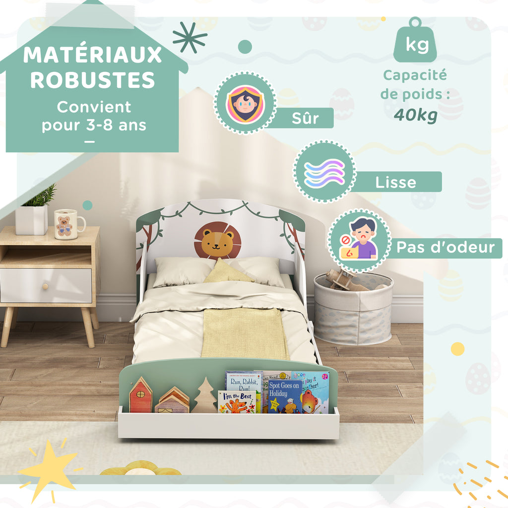 Lit Enfant 70x140 cm avec Barrière de Sécurité, Sommier à Lattes et Rangement - Vert | Magi Jouets