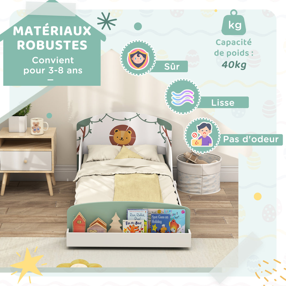 Lit Enfant 70x140 cm avec Barrière de Sécurité, Sommier à Lattes et Rangement - Vert | Magi Jouets