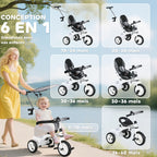 Tricycle Enfant Évolutif Pare-Soleil Pliable avec Canne Amovible et Benne, 105x47x98 cm - Blanc/Noir | Magi Jouets
