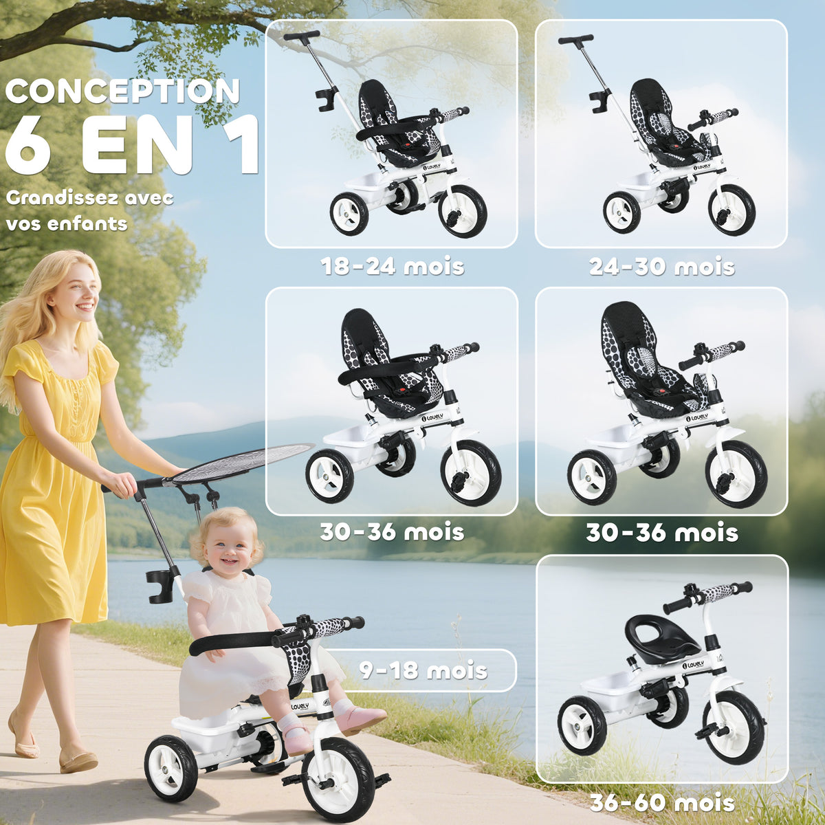 Tricycle Enfant Évolutif Pare-Soleil Pliable avec Canne Amovible et Benne, 105x47x98 cm - Blanc/Noir | Magi Jouets