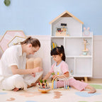 Étagère de Rangement Enfant Forme de Maison, 3 Niveaux, 65x25x108,5 cm - Blanc et Naturel | Magi Jouets