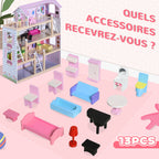Maison de Poupée en Bois 4 Étages avec 13 Accessoires, 3+ Ans, 60x30x80 cm - Blanc et Rose | Magi Jouets