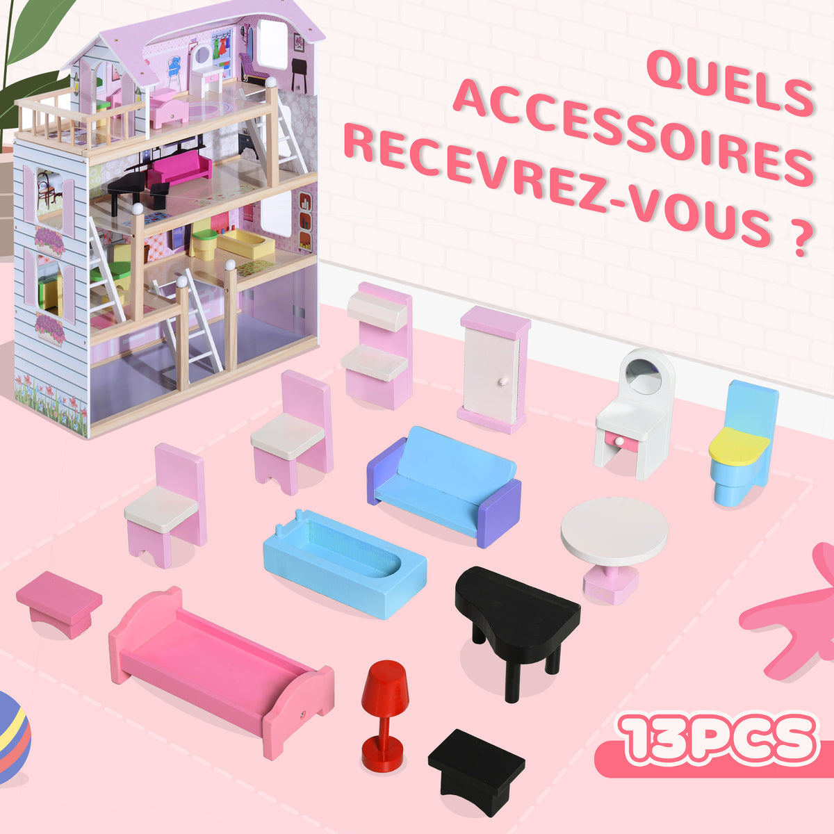Maison de Poupée en Bois 4 Étages avec 13 Accessoires, 3+ Ans, 60x30x80 cm - Blanc et Rose | Magi Jouets