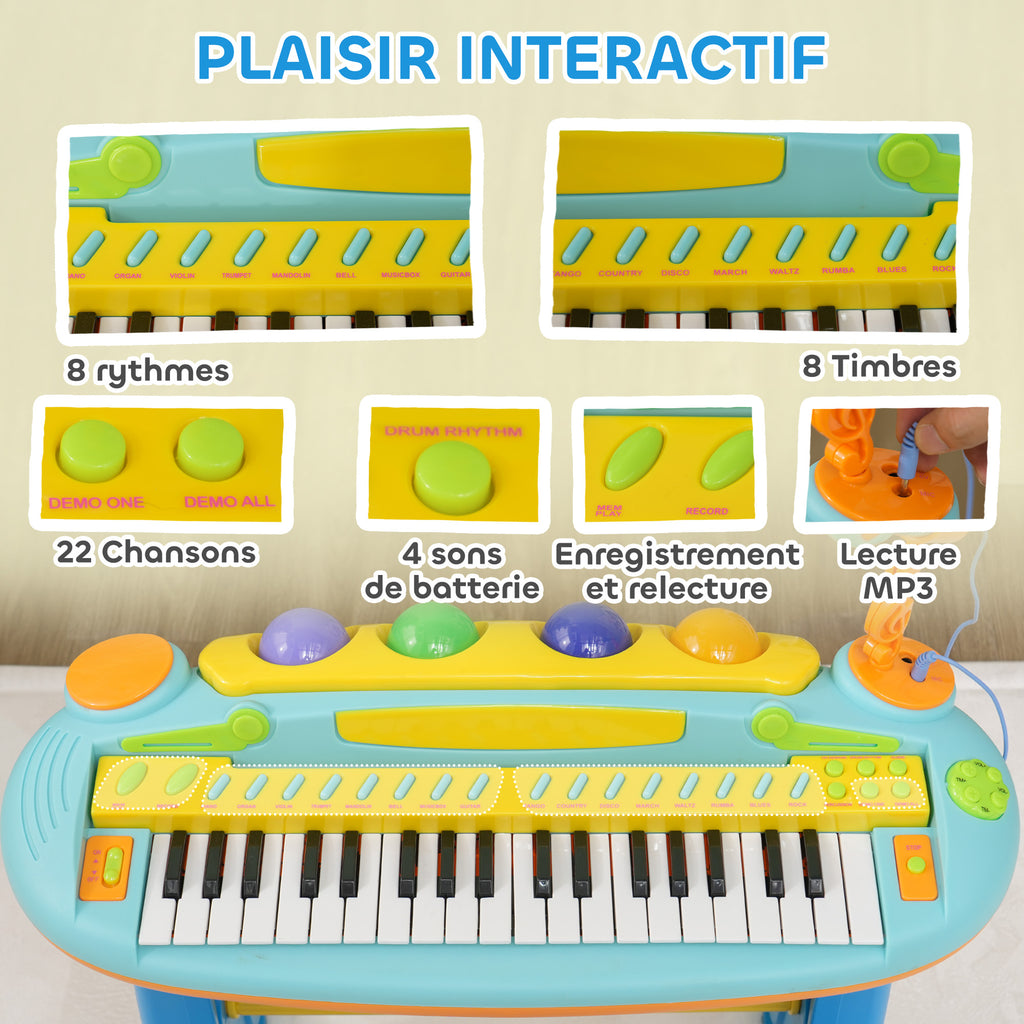 Piano enfant électronique 37 touches, avec micro, tabouret, lumière LED, fonction d'enregistrement et de relecture