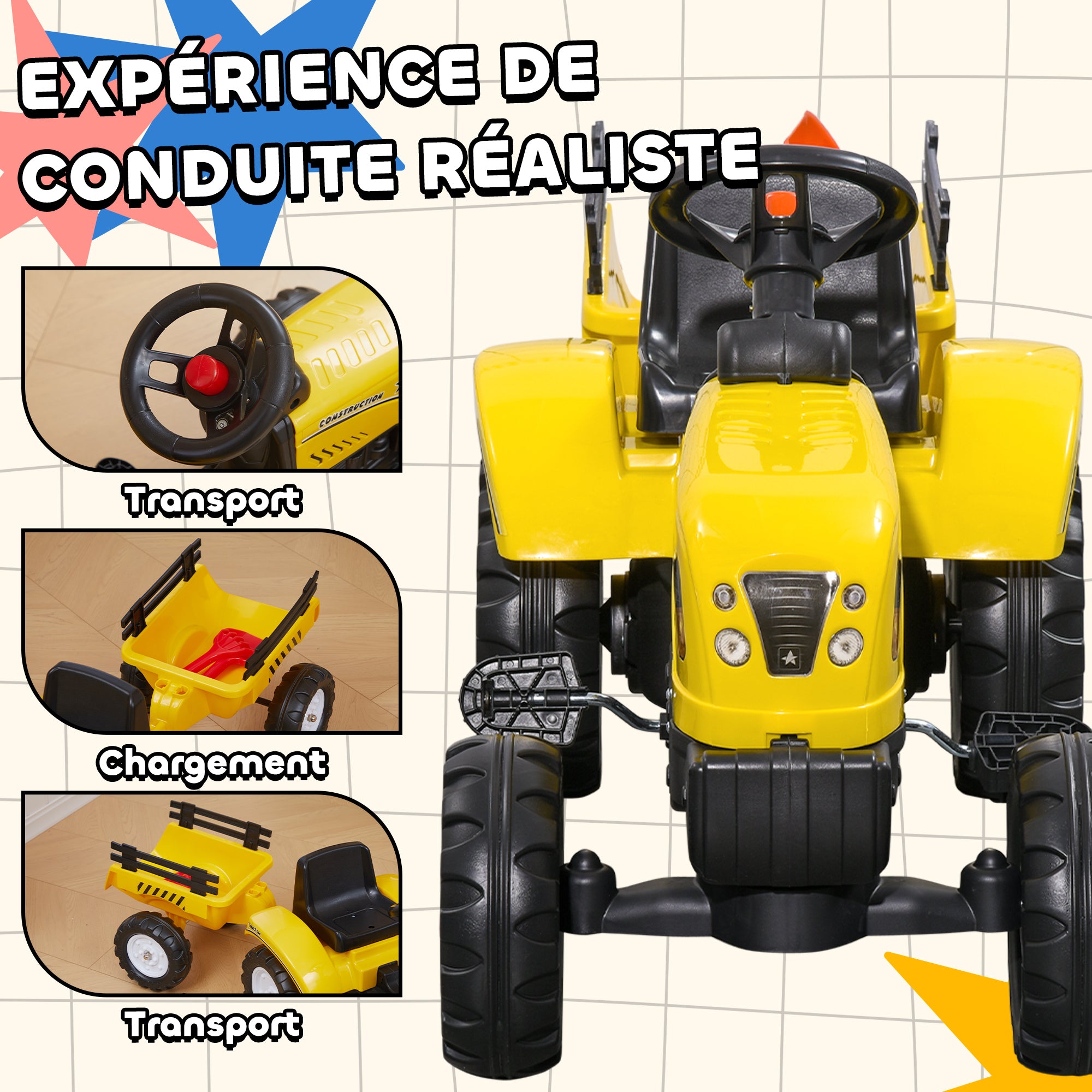 Porteur Tracteur Enfants avec Remorque, Râteau et Pelle, 6 Roues, 3+ Ans - Jaune | Magi Jouets