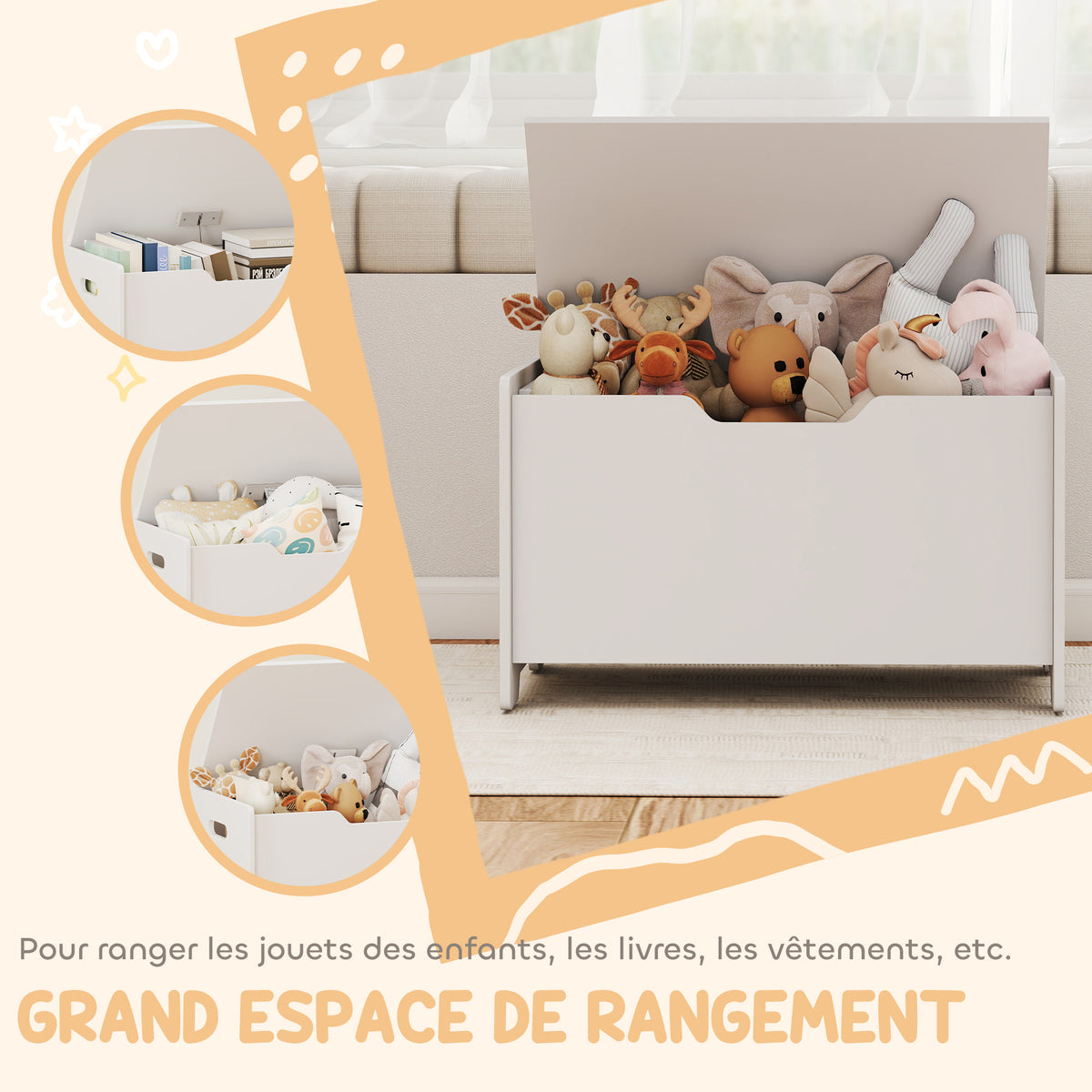 Coffre à Jouets Enfant Forme d'Ours avec Couvercle Rabattable, 60x38x48 cm - Blanc | Magi Jouets