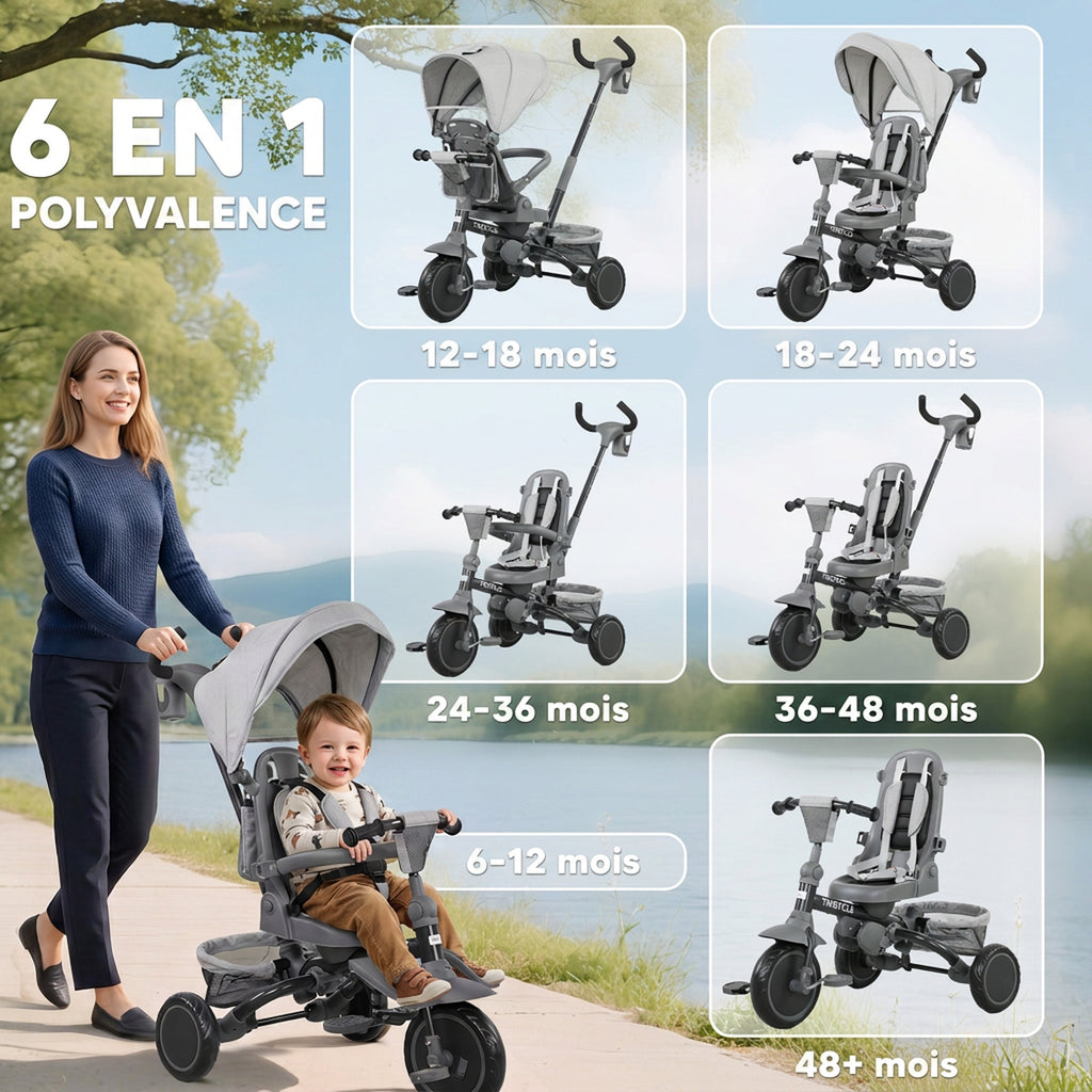 Tricycle Bébé Évolutif 6 en 1 Pliable avec Poignée Parentale et Siège Pivotant 360° - Gris | Magi Jouets