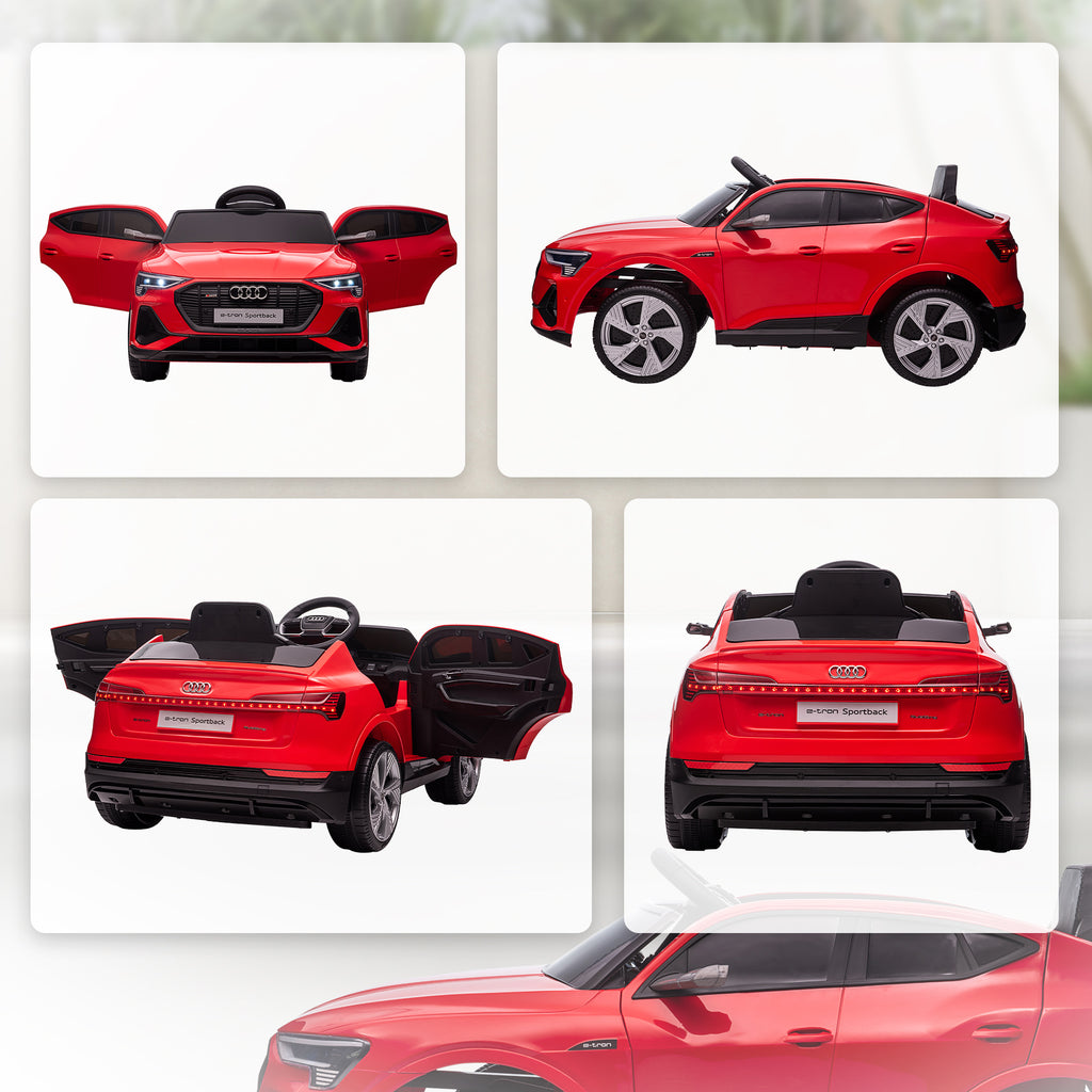 Voiture électrique enfants sous Licence Audi e-tron Sportback, véhicule électrique 12V Max. 5 Km/h avec télécommande 2,4G, phares LED, musique, klaxon, port USB, MP3, rouge