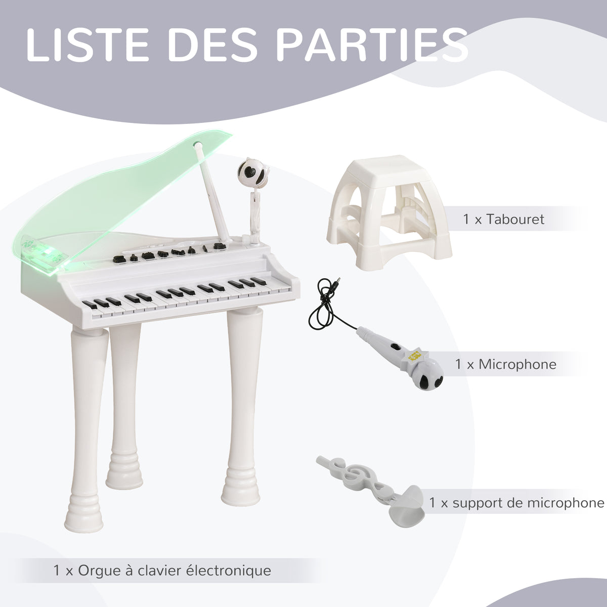 Piano Enfant Électronique 32 Touches avec Tabouret et Couvercle LED - Blanc | Magi Jouets
