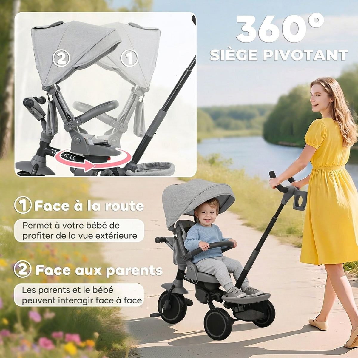 Tricycle Bébé Évolutif 6 en 1 Pliable avec Poignée Parentale et Siège Pivotant 360° - Gris | Magi Jouets