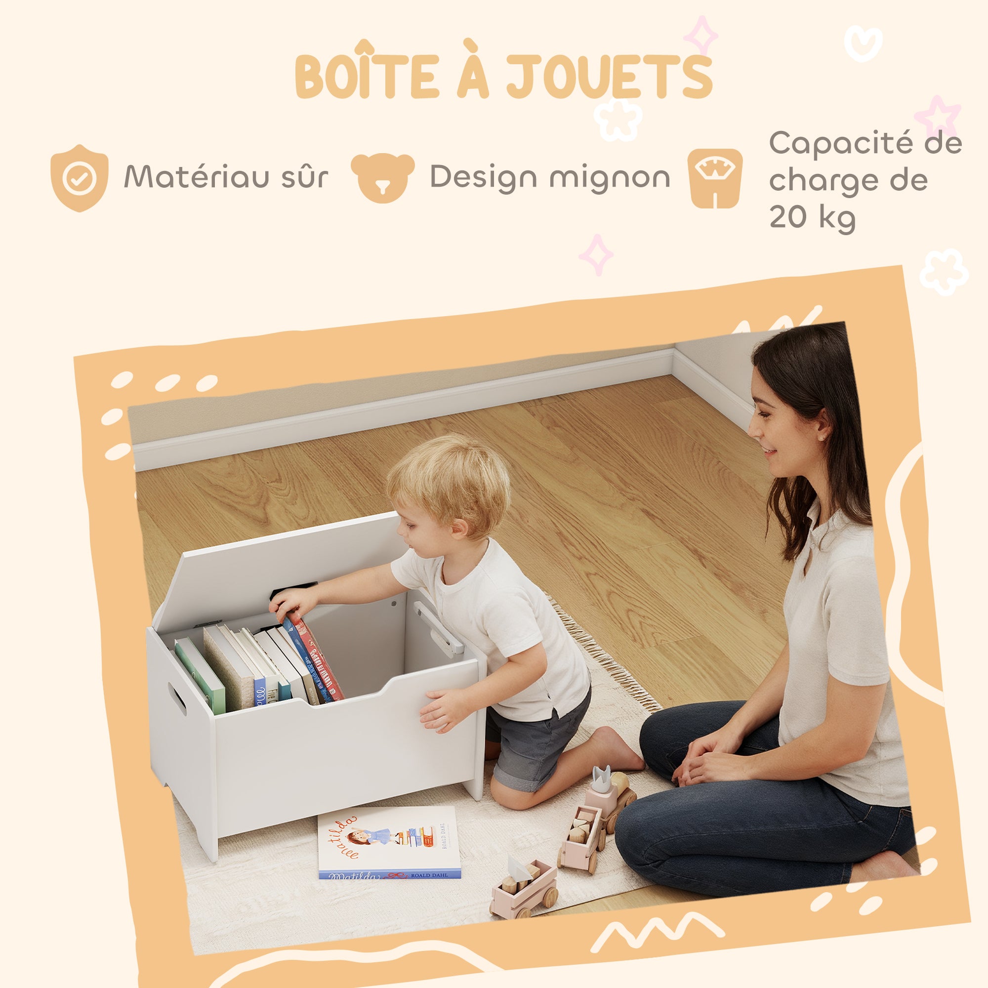 Coffre à Jouets Enfant Forme d'Ours avec Couvercle Rabattable, 60x38x48 cm - Blanc | Magi Jouets