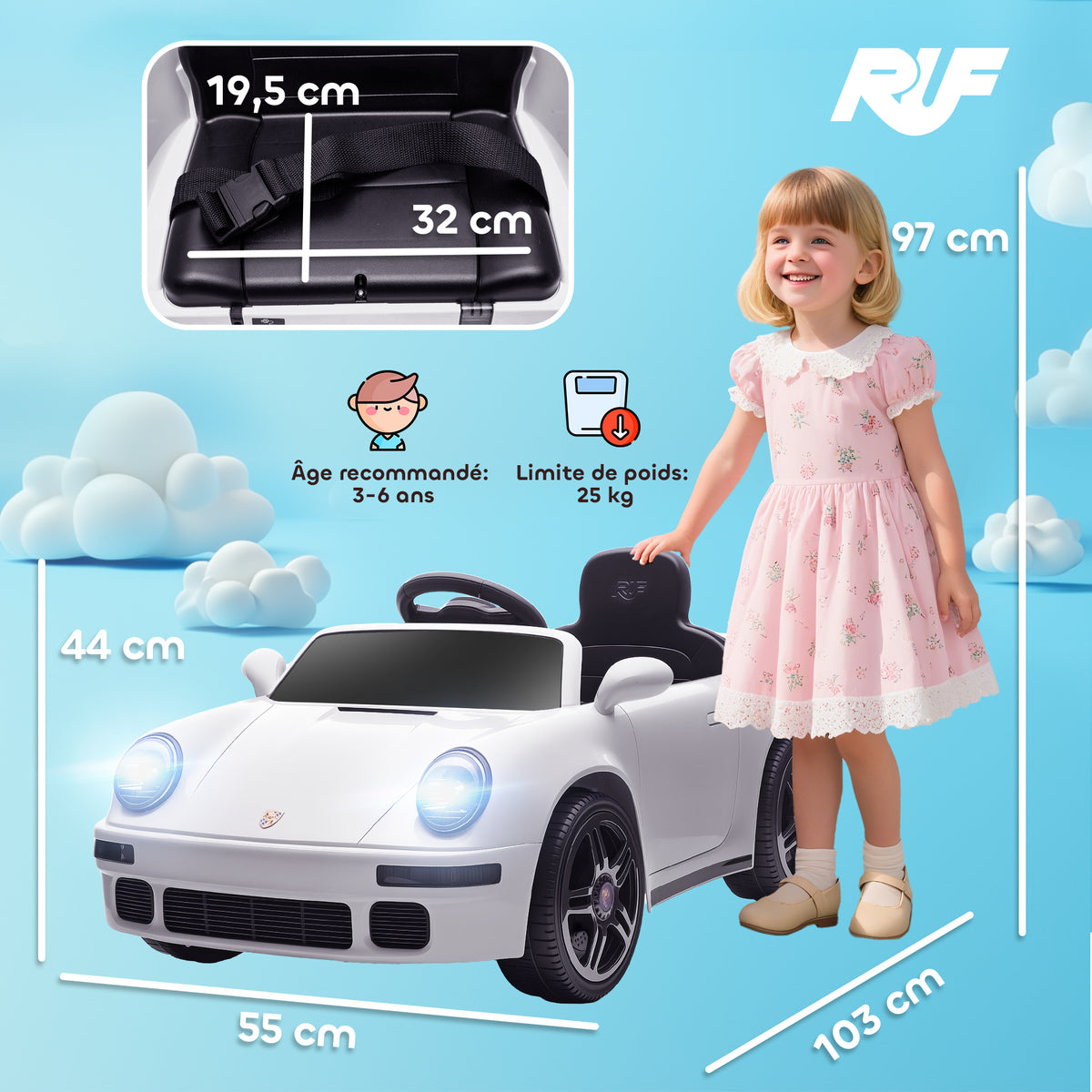 Voiture électrique enfants, véhicule électrique 12V, télécommande 2,4G, phares, musique, klaxon, 103 x 55 x 44 cm, blanc