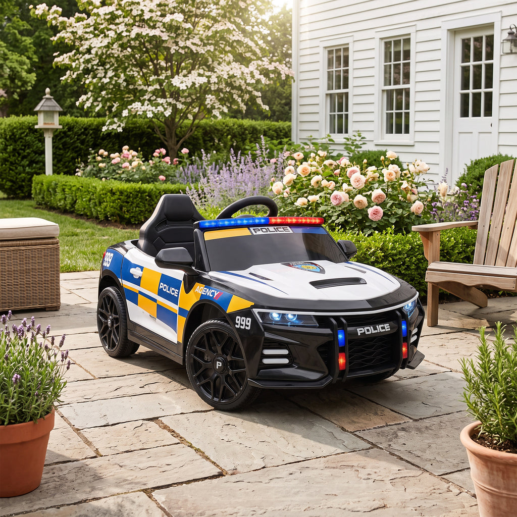 Voiture électrique de police enfant 12V, double moteur, télécommande, USB, MP3, musique & klaxon, multicolore
