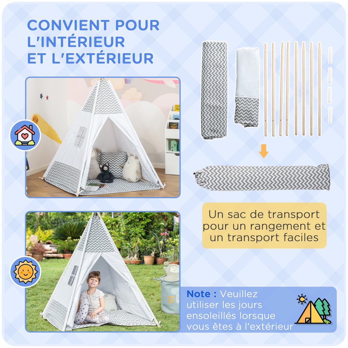 Tente Tipi Indien pour Enfant avec Tapis, Coussin et Sac de Transport, 1,2x1,2x1,55 m - Gris/Blanc | Magi Jouets