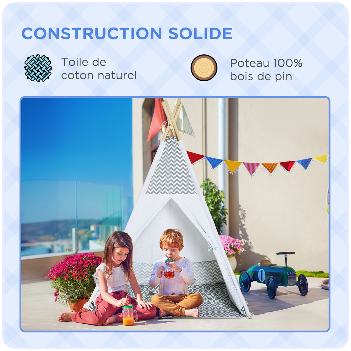 Tente Tipi Indien pour Enfant avec Tapis, Coussin et Sac de Transport, 1,2x1,2x1,55 m - Gris/Blanc | Magi Jouets