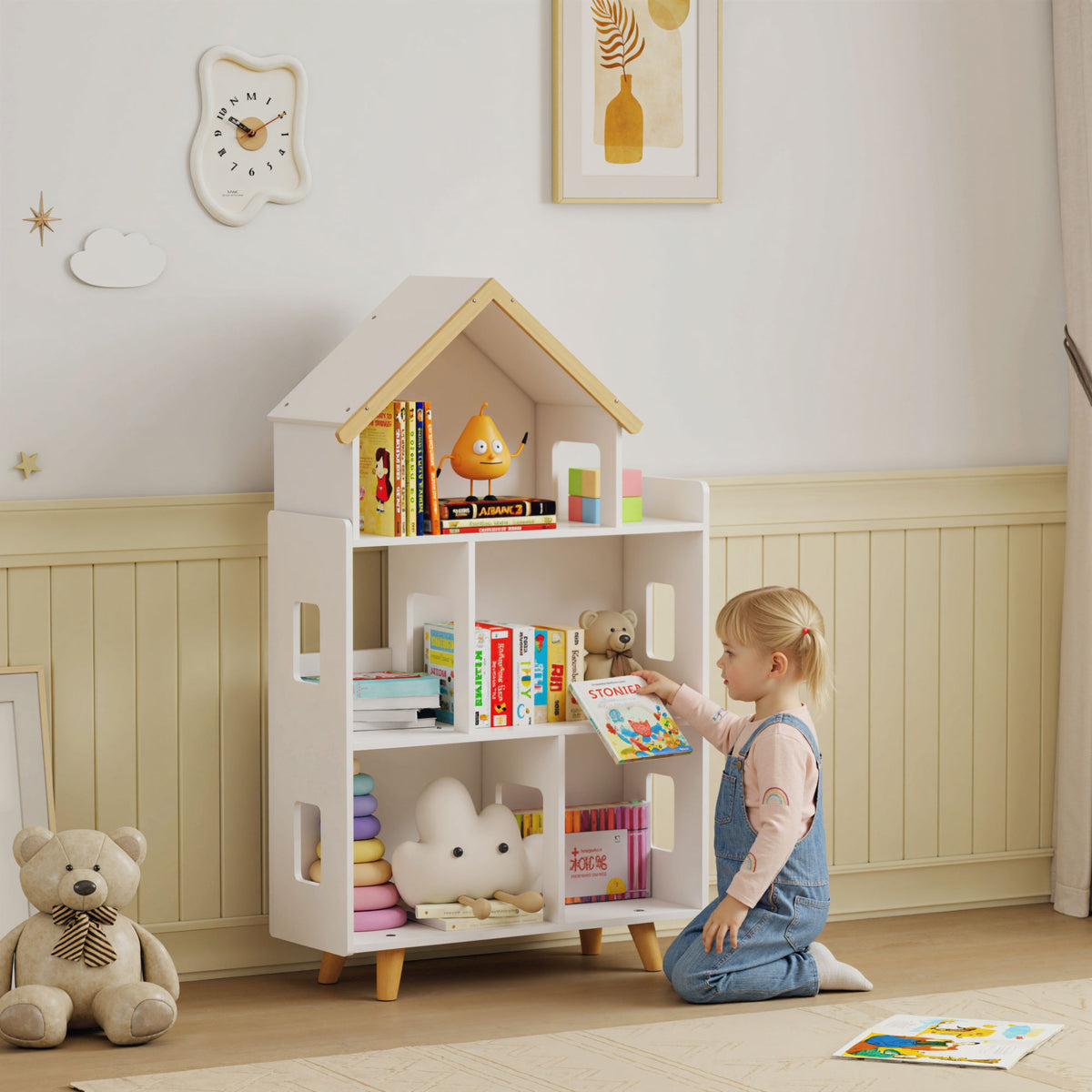 Étagère de Rangement Enfant Forme de Maison, 3 Niveaux, 65x25x108,5 cm - Blanc et Naturel | Magi Jouets
