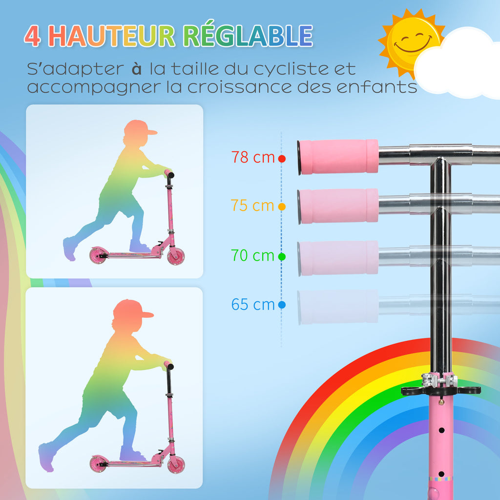 Trottinette pour enfants de 3 à 7 ans pliable roues lumineuses en PU musique 67 x 32 x 78 cm rose