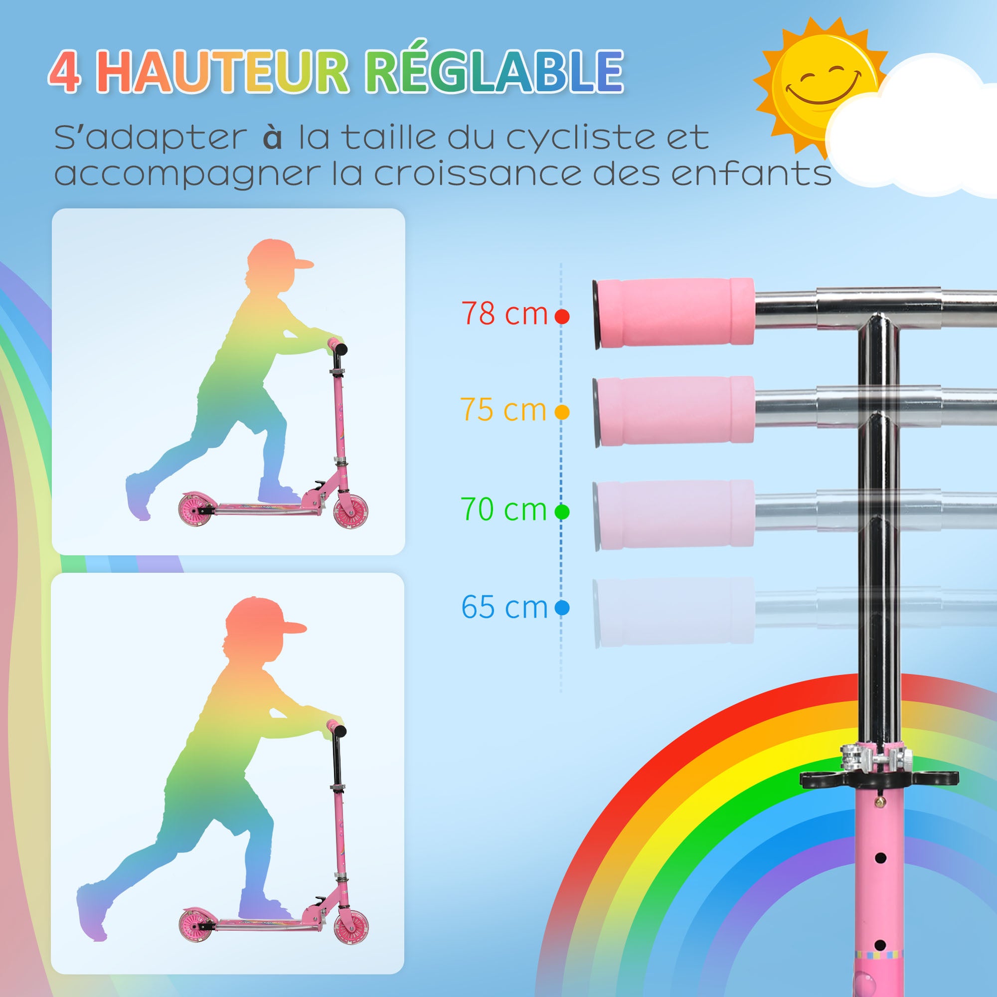Trottinette pour enfants de 3 à 7 ans pliable roues lumineuses en PU musique 67 x 32 x 78 cm rose