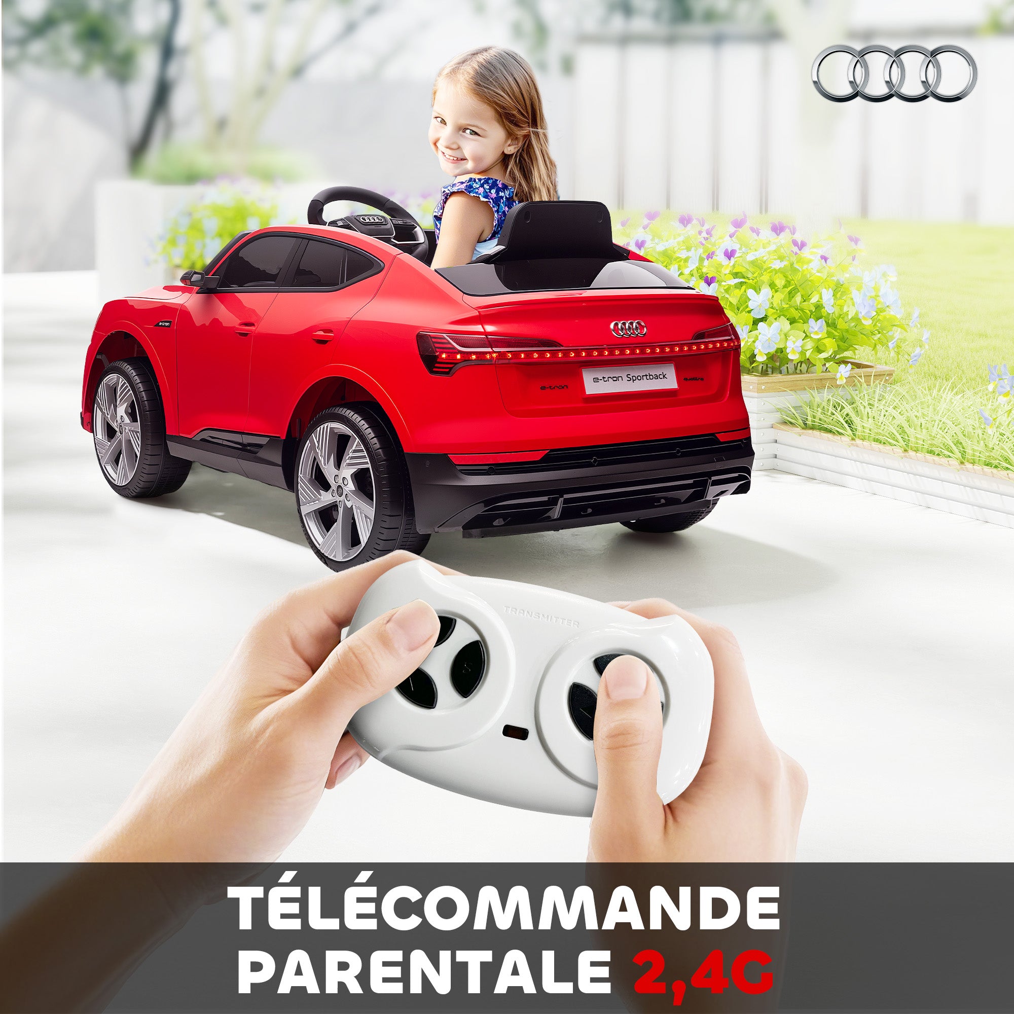 Voiture électrique enfants sous Licence Audi e-tron Sportback, véhicule électrique 12V Max. 5 Km/h avec télécommande 2,4G, phares LED, musique, klaxon, port USB, MP3, rouge