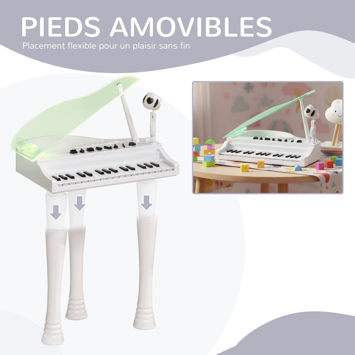 Piano Enfant Électronique 32 Touches avec Tabouret et Couvercle LED - Blanc | Magi Jouets