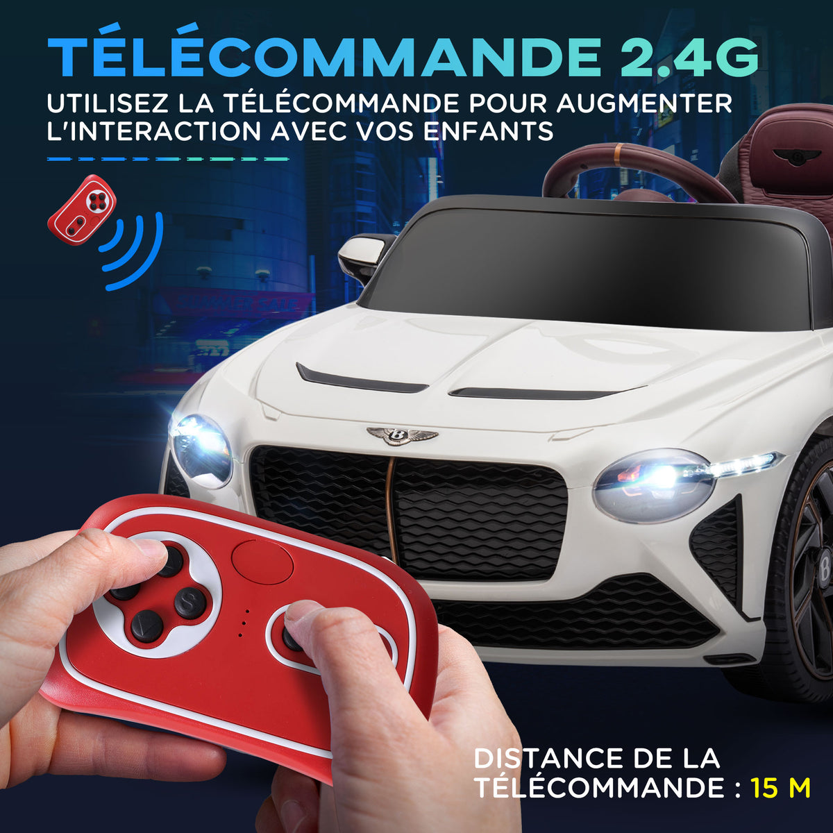 Voiture électrique pour enfant de 3 à 5 ans 2 moteurs 12V 25W 3-5 Km/h télécommande 2,4G Bentley Bacalar blanc