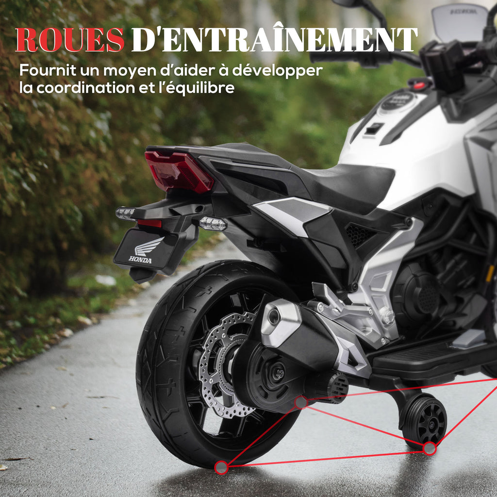 Moto électrique pour enfants moto porteur Honda pour enfants 3 à 6 ans avec musique, phares blanc
