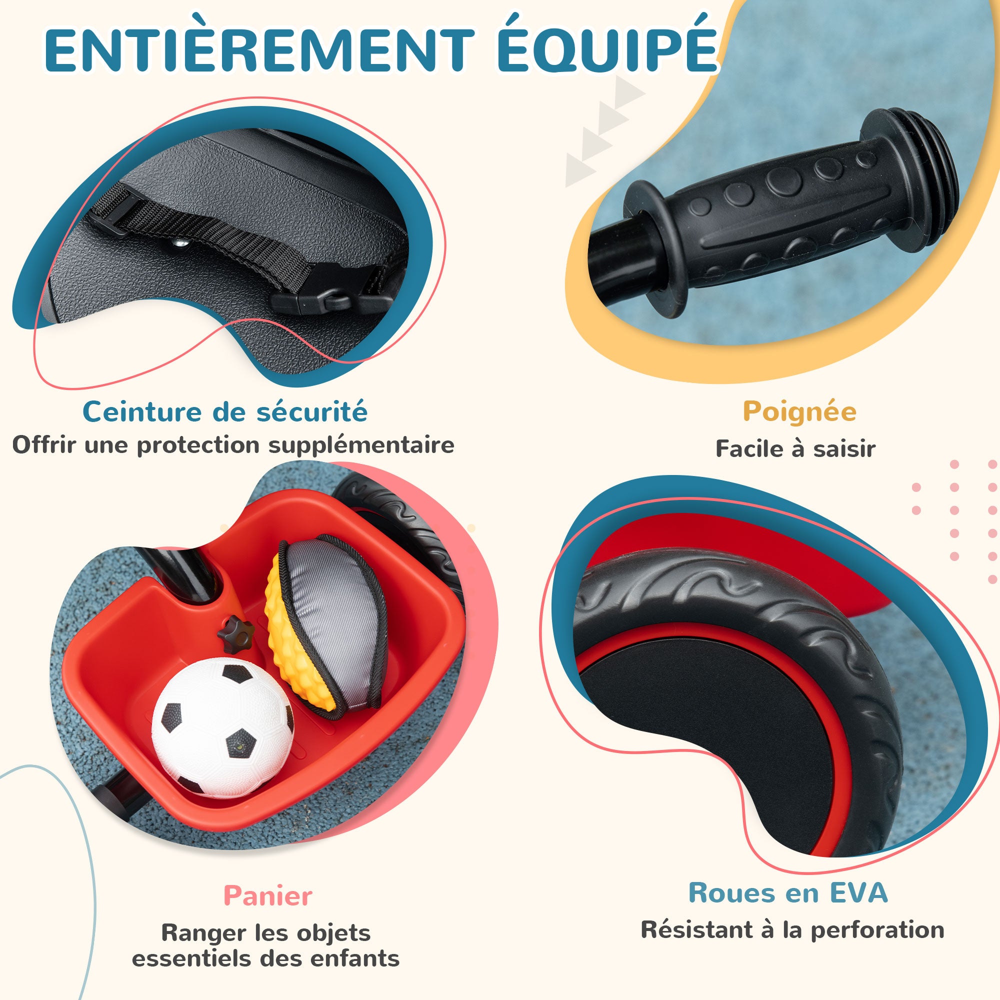 Tricycle Enfant Évolutif avec Siège Réglable, 2 Paniers et Ceinture, 2-5 Ans - Rouge/Noir | Magi Jouets