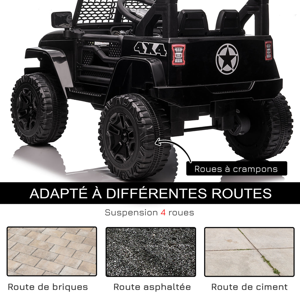 Voiture électrique pour enfants 12V avec télécommande, suspension à 4 roues, phares et klaxon, MP3, vitesse 3-5 km/h, pour 3-6 ans - noir